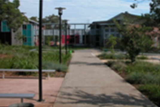 This photo shows native gardens planted around gathering spaces. This photo was taken from the South Western Sydney Region.