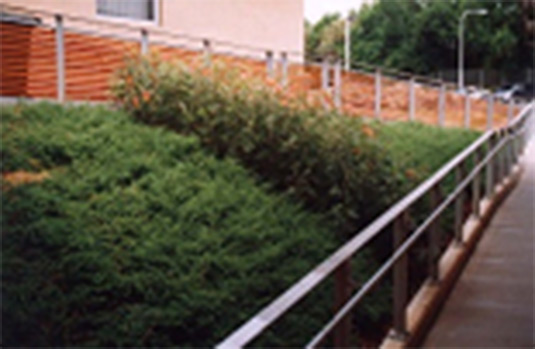 This photo shows dense planting which stabilises the embankment, minimises weed invasion and provides an attractive interface. 
