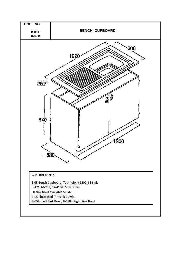 Fixed Bench Cupboard, RH Sink, w/Drainer, 1220