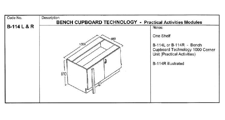 Fixed Bench Cupboard, Technology 1000, Corner Unit, LH Door (PA)