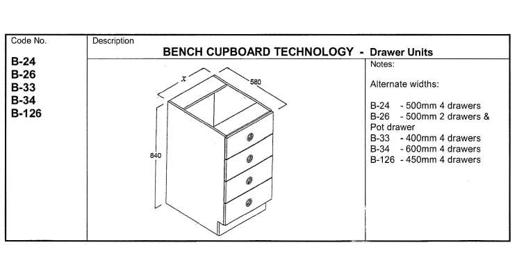 Fixed Bench Cupboard, Technology 500, 4 Drawers