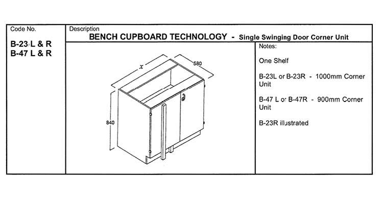 Fixed Bench Cupboard, Technology 900, Corner Unit, LH Door