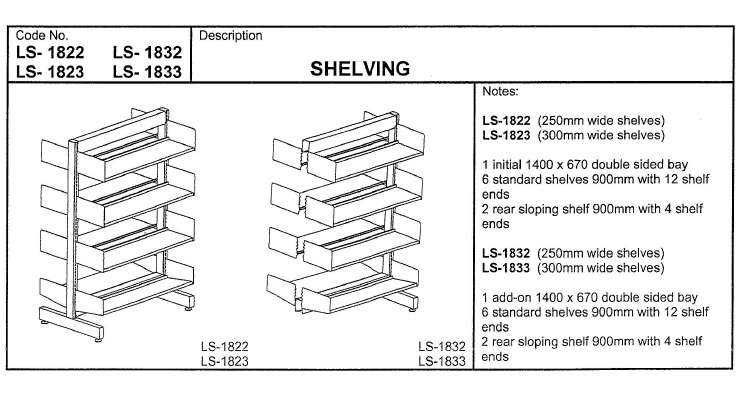 Shelving, 1400mm, Double Sided, Add on Bay with 6 Std 300mm Shelves, 2 Rear Sloping 300mm Shelves