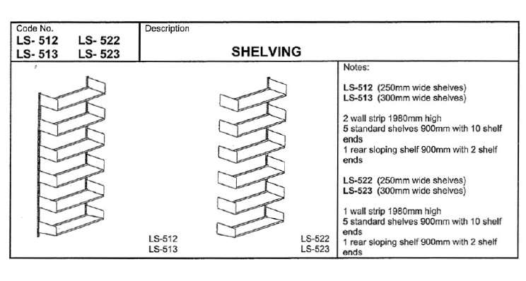 Fixed Shelving, 2000mm, Wall Fixed, Add on Bay with 5 Std 250mm Shelves, 1 Rear Sloping 250mm Shelf