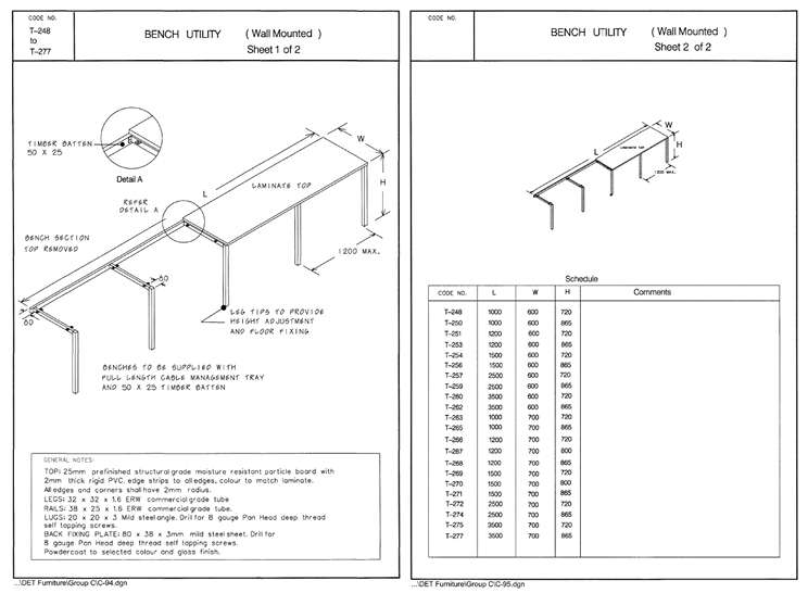 Fixed Bench, Utility (Wall Mounted), 1200 x 700 x 800