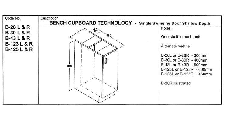 Fixed Bench Cupboard, Technology 500, Shallow Depth, RH Door